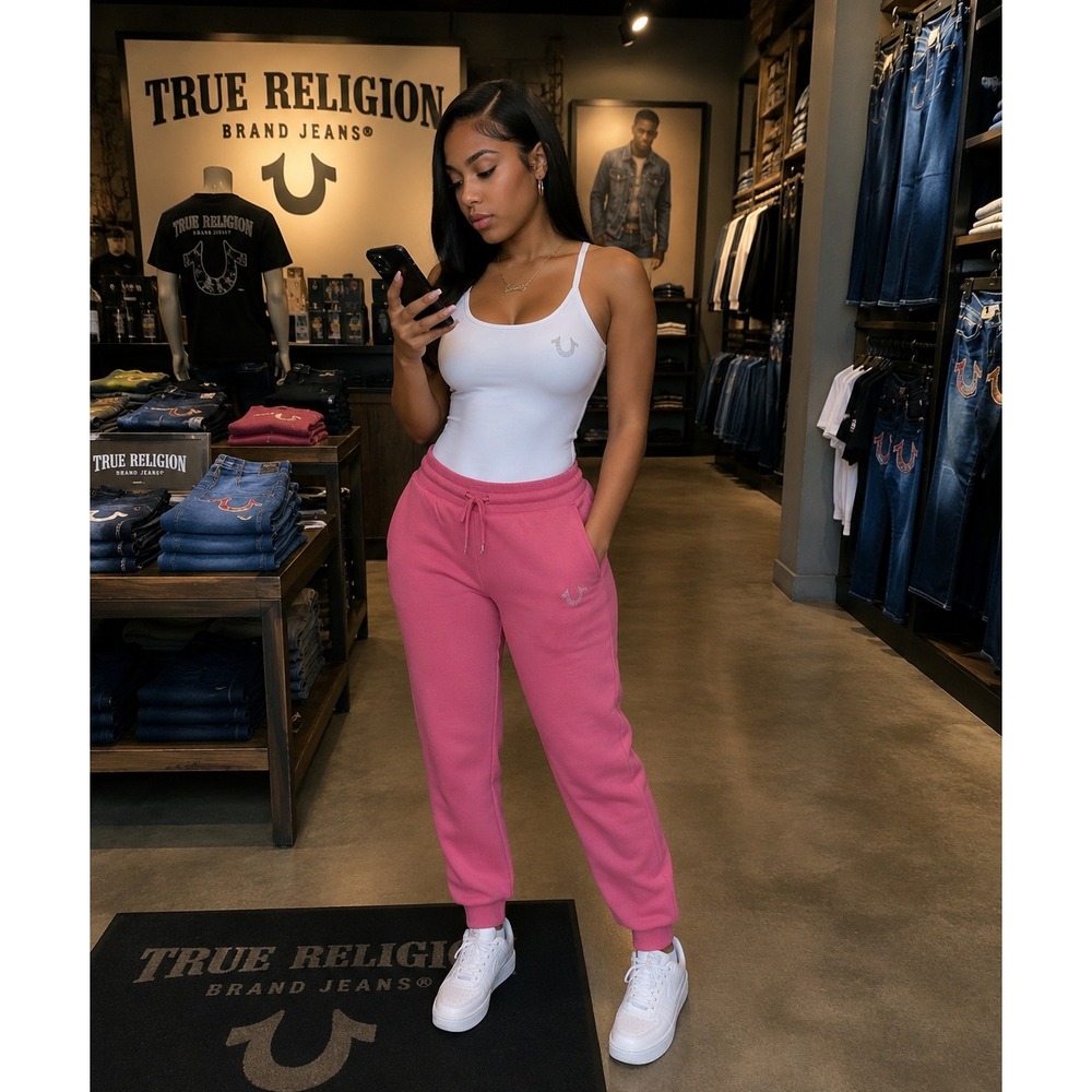 True Religion Womens Pink Fleece Joggers Rhinestone Horseshoe Sweatpants XL